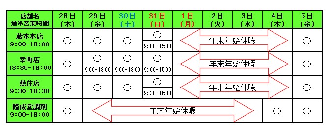 年末年始カレンダー