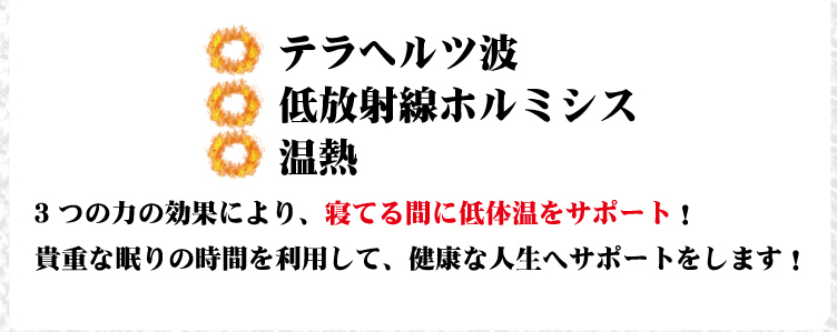 テラヘルツ波 低放射線ホルミシス 温熱 3つの力の効果により、寝てる間に低体温をサポート！貴重な眠りの時間を利用して、健康な人生へサポートをします！